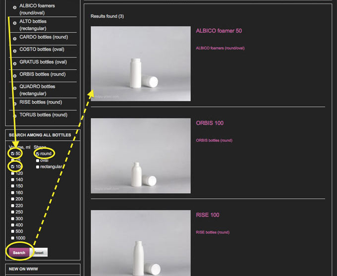 Possibility to search the bottle of exact shape and volume among whole bottle's range